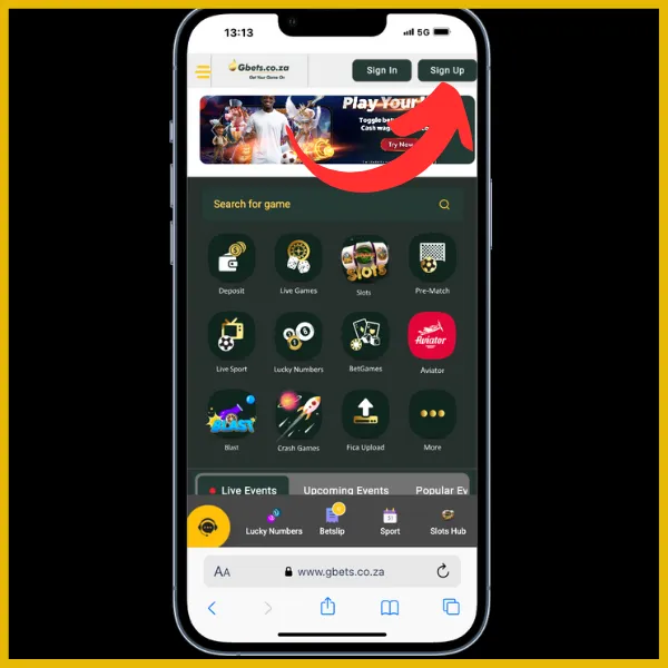 Red arrow pointing to sign-up button on Gbets site homepage.
