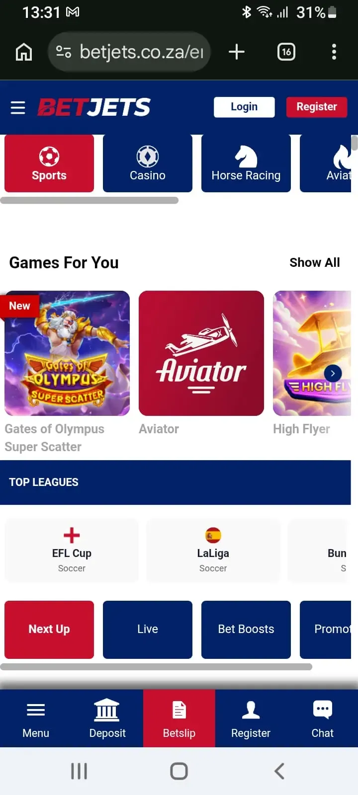 BetJets mobile homepage on the Google Chrome browser