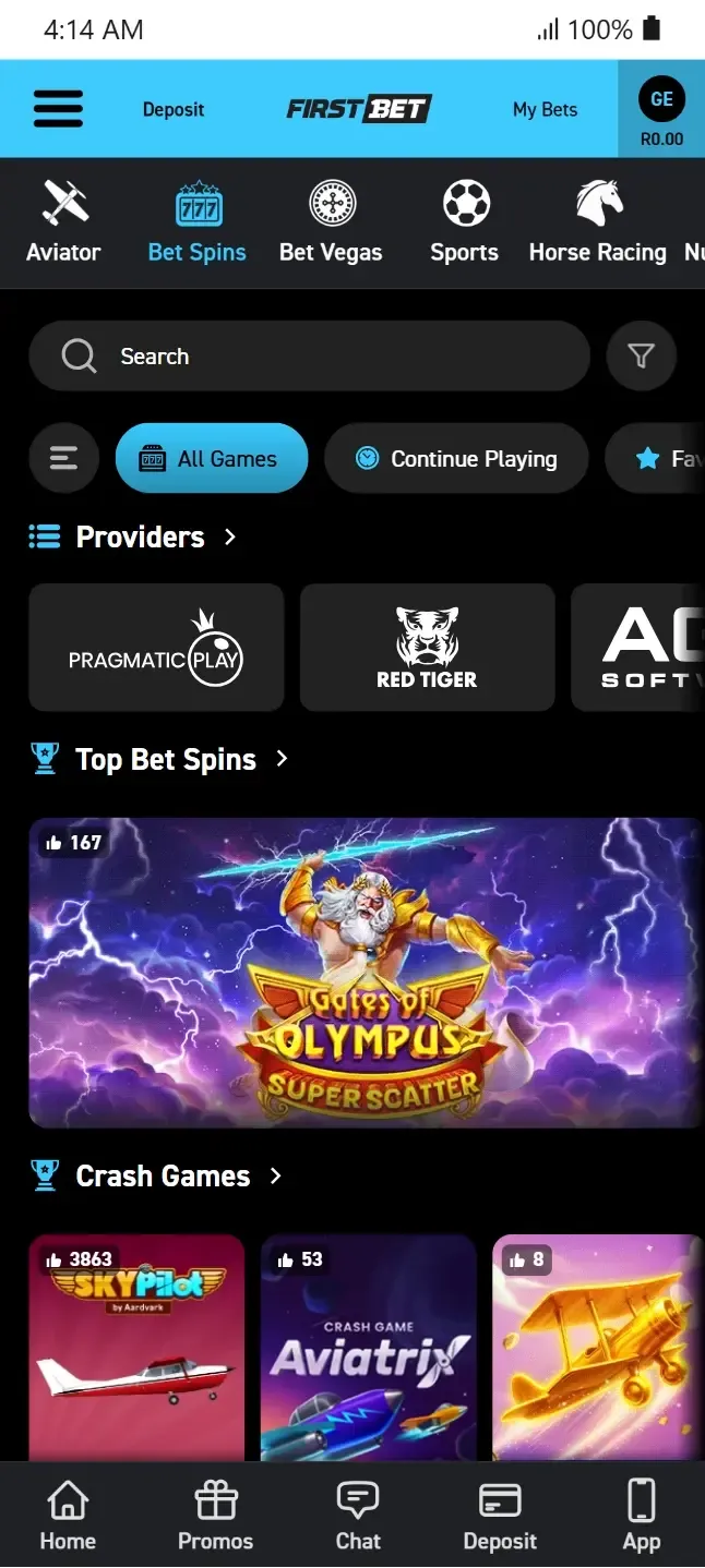 Firstbet Bet Spins casino section displaying slot providers Pragmatic Play and Red Tiger, along with featured slot games like Gates of Olympus and crash games.