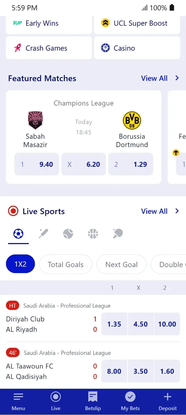 SuperSportBet mobile sports betting page featuring featured Champions League odds on new SA betting sites 2026