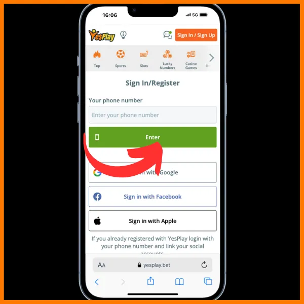 Red arrow pointing to enter button. Shows fields for mobile number and buttons to register on google, facebook, and apple id on Yesplay