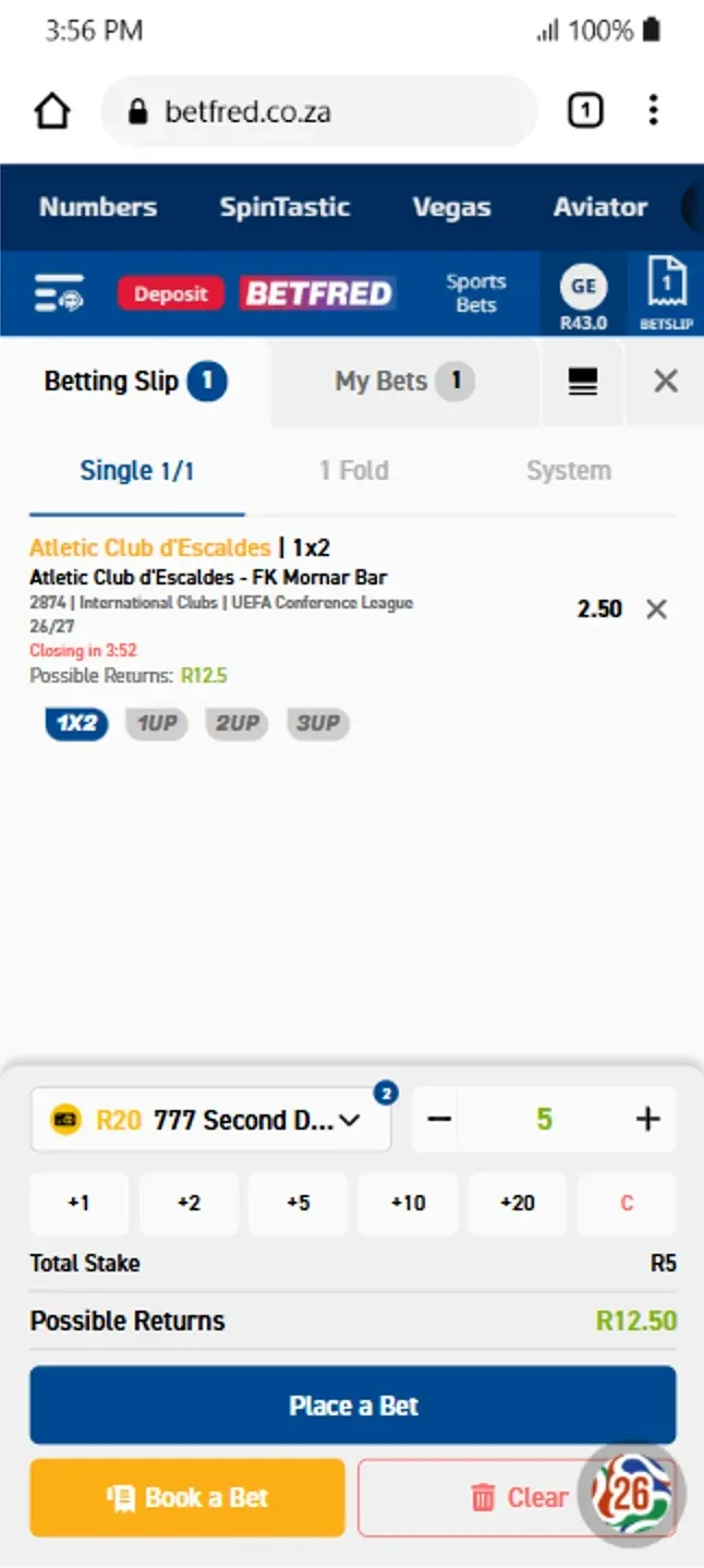 Bettfed Bonus betslip showing wager on Atletic Club d'Escaldes to WIN @ 2.50 odds with 777 Second Deposit Match chosen.