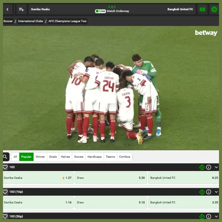 Betway live streaming and live odds for World Cup live streaming. AFC teams Gamba Osaka and Bangkok United depicted.