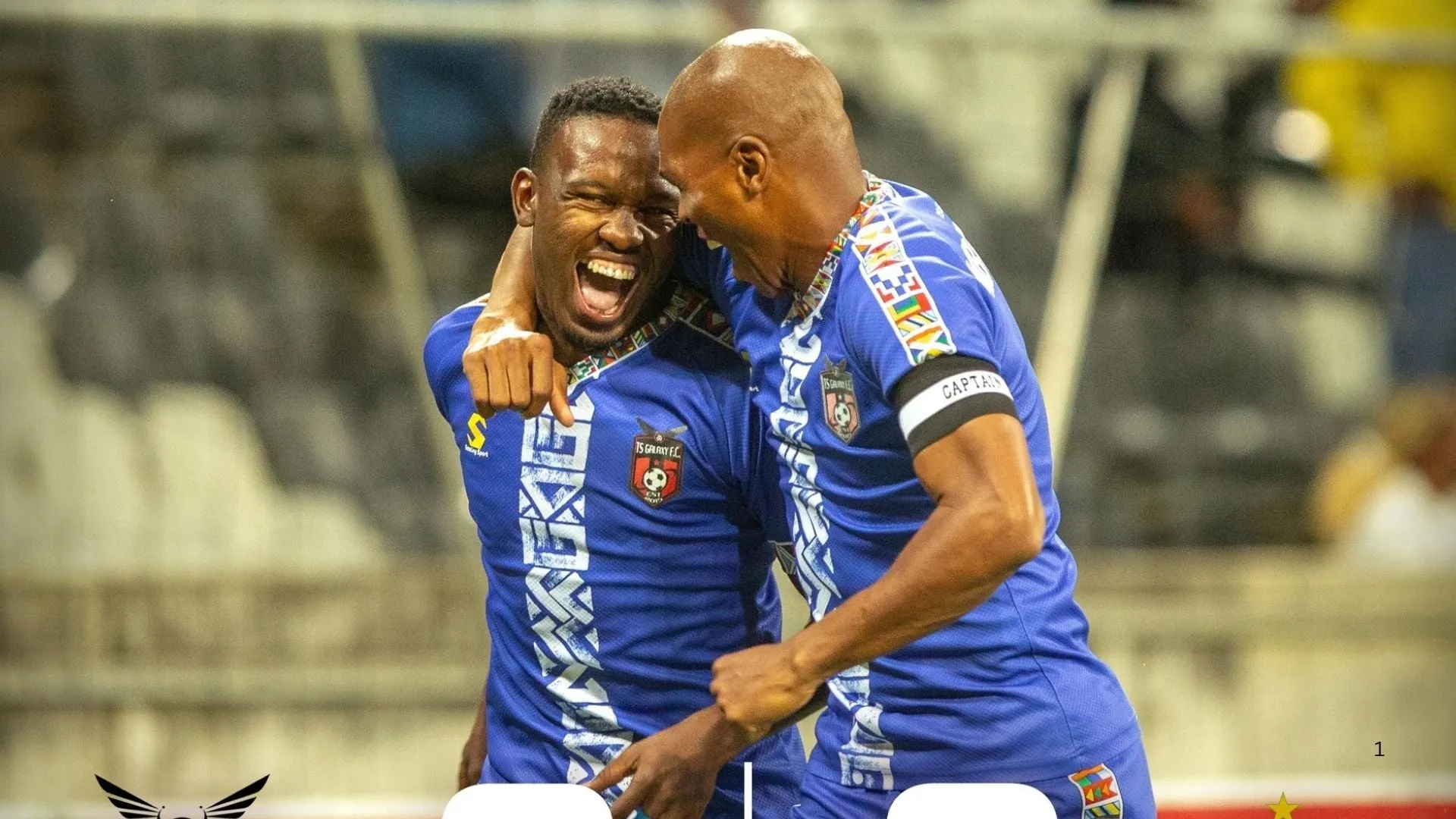TS Galaxy players celebrate a goal over Mamelodi Sundowns.