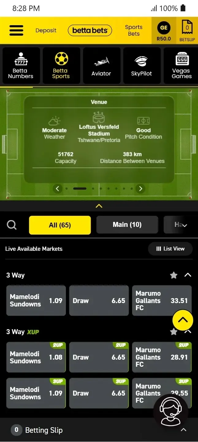 PSL match between Mamelodi Sundowns vs Marumo Gallants at half time with 2Up and 3Up early payout options on Bettabets