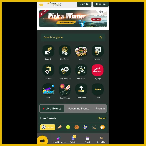 Gbets app homepage