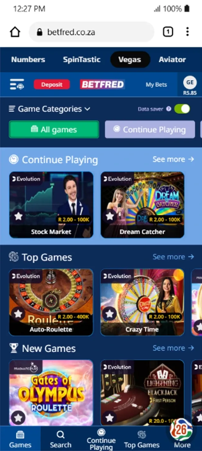 Betfred South Africa Vegas section showing the Top Games carousel, including popular slots such as Gates of Olympus.