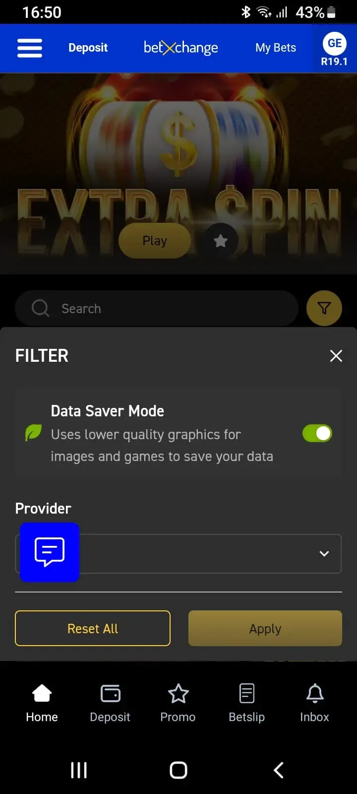 BetXchange mobile app filter settings menu showing the Data Saver Mode toggle switched on to reduce graphics resolution and data usage.