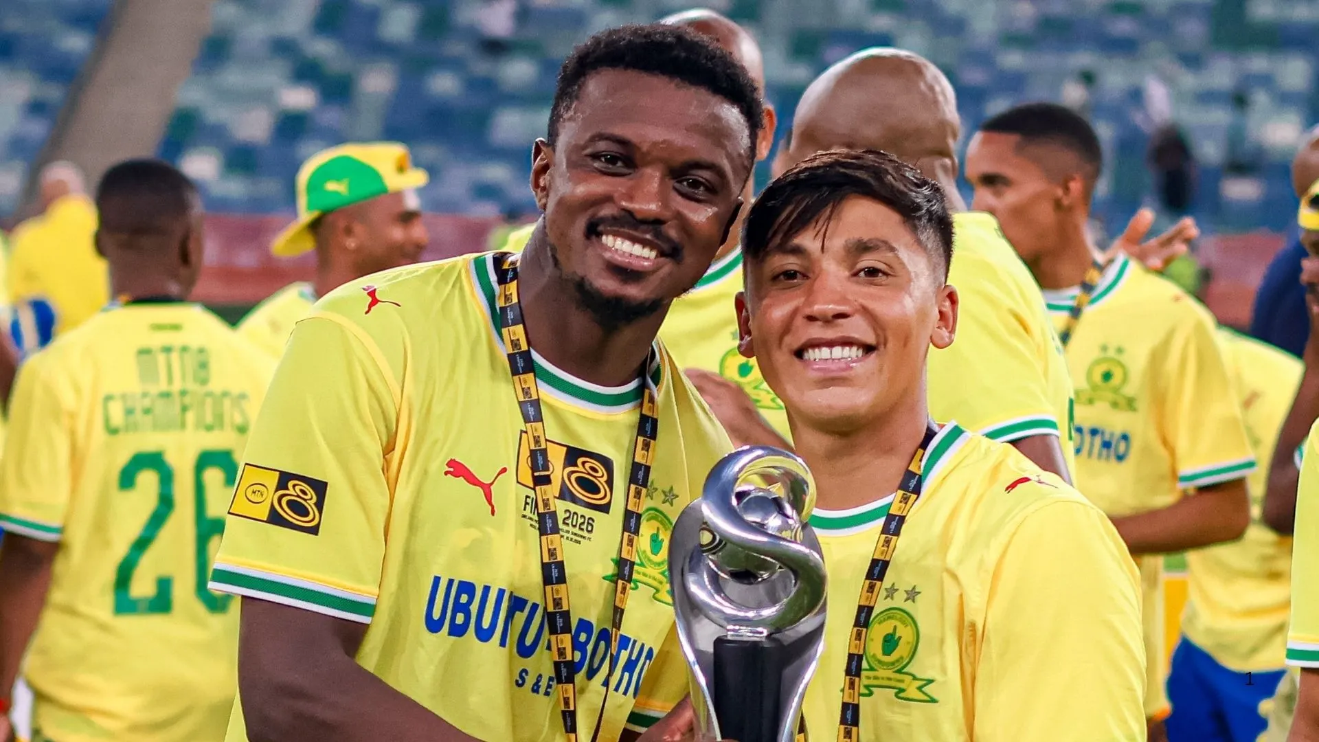 Teboho Mokoena and Marcelo Allende with the MTN8 trophy.