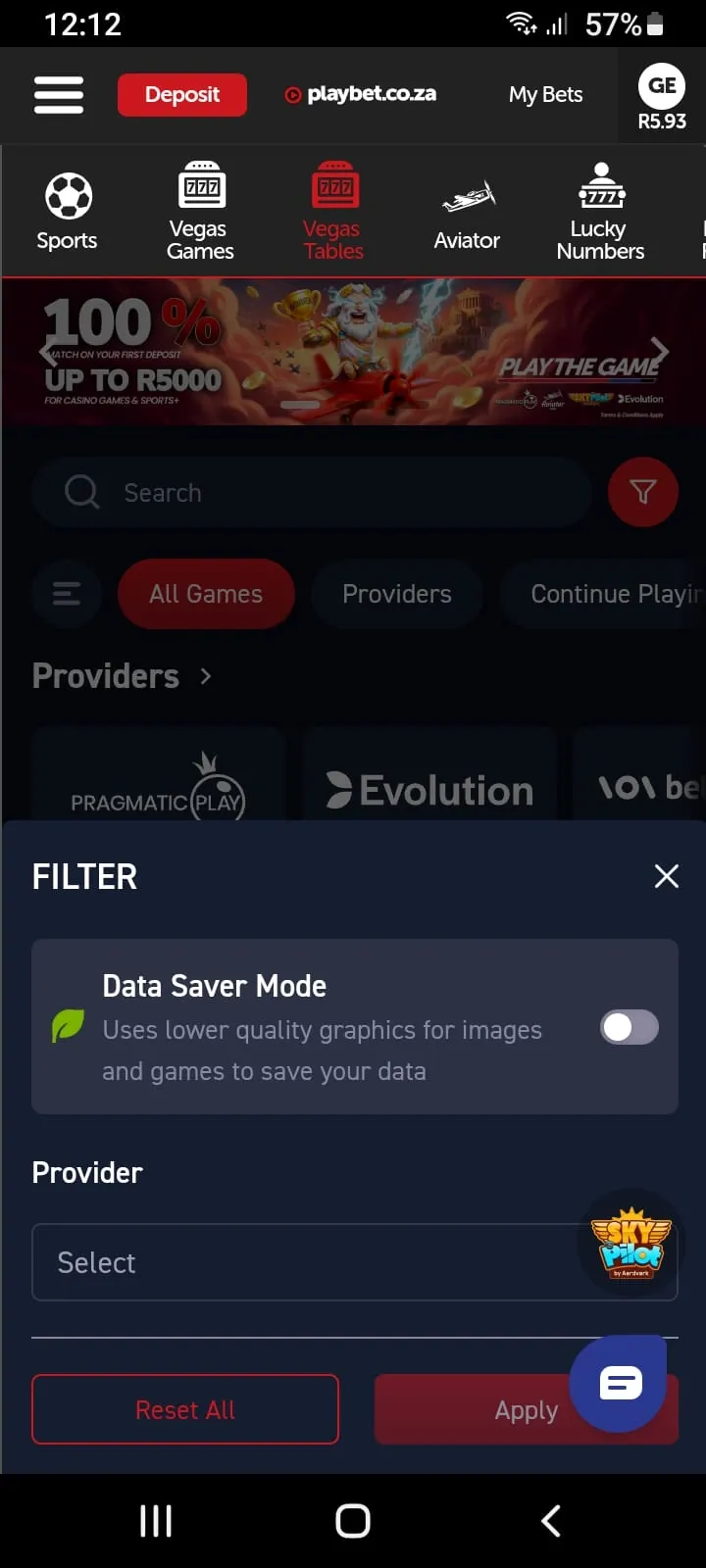 Playbet app data-saver toggle in Vegas Games casino page after clicking the filter button.