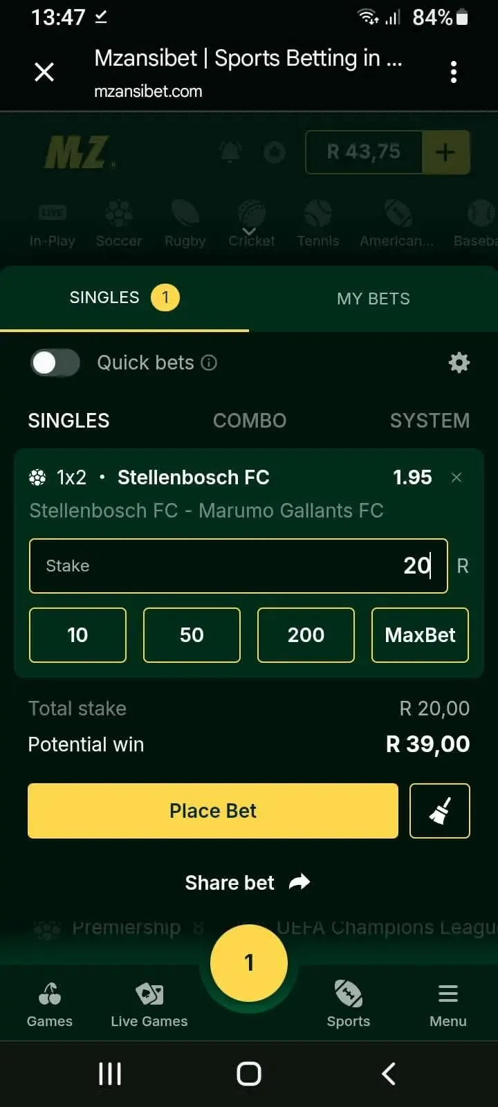 Mzansibet app betslip showing Stellenbosh FC to win at 195 odds.