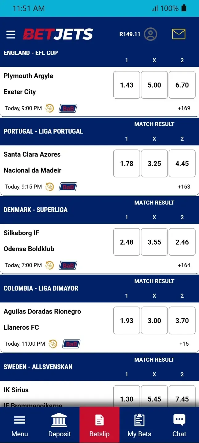 BetJets sportsbook after scrolling down to see upcoming soccer matches