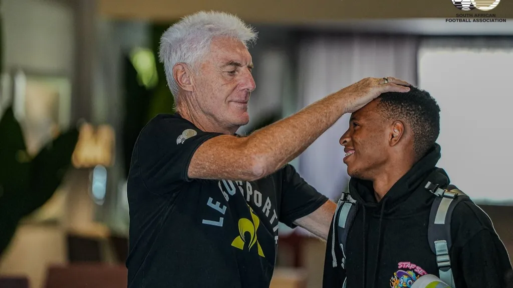 Bafana Bafana coach Hugo Broos and Relebohile Mofokeng. Photo SAFA