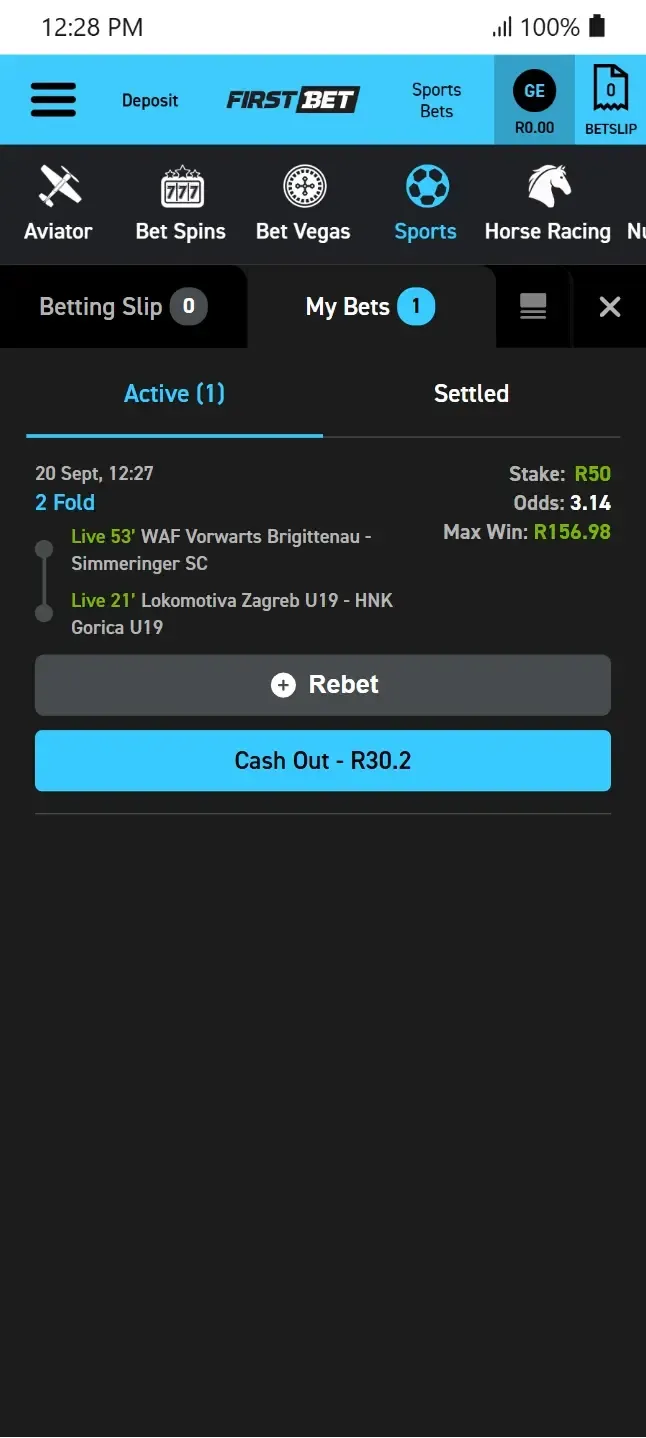 Firstbet active betslip screen showing a R50 2-Fold accumulator bet with an active R30.20 early cash out button.