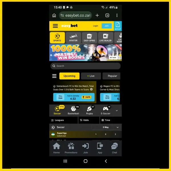 Sportsbook screenshot displaying upcoming soccer matches, price boost and multibet boost promo for Easybet review.