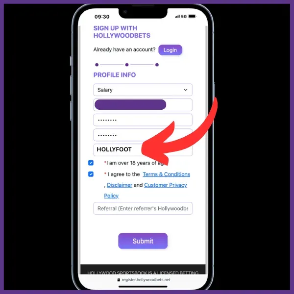 Hollywoodbets sign up code HOLLYFOOT entered in the registration and highlighted with a red arrow.