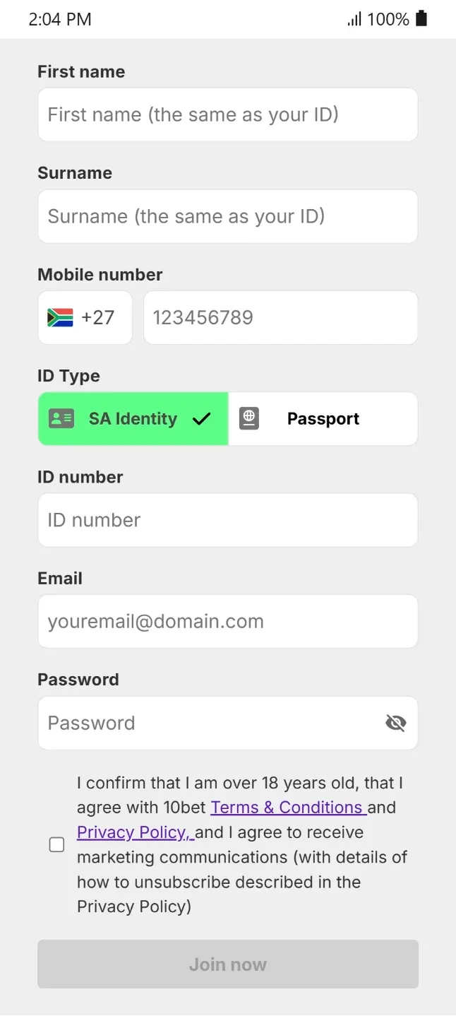 10bet sign up form