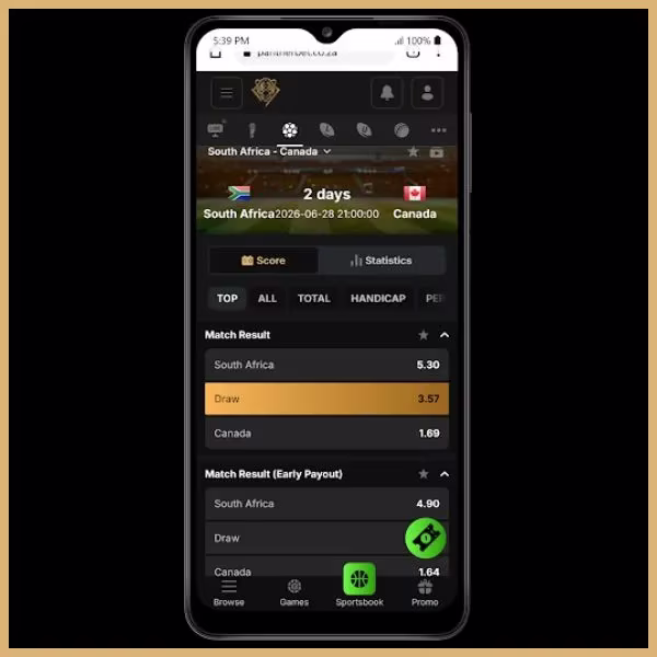 Pantherbet Promo Code Qualifying Bet: South Africa vs Canada with draw odds selected @3.57