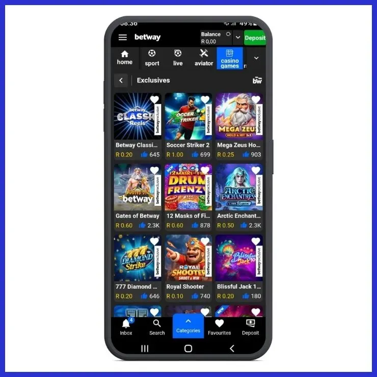 Screenshot Betway app showing exclusive games belonging to the best online casino South Africa.