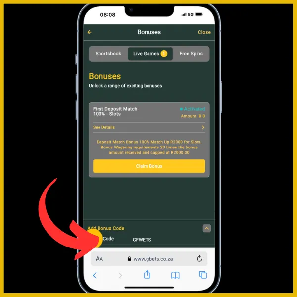 Gbets screen showing the Bonuses section with a "Claim Bonus" button to claim the First Deposit Match bonus.