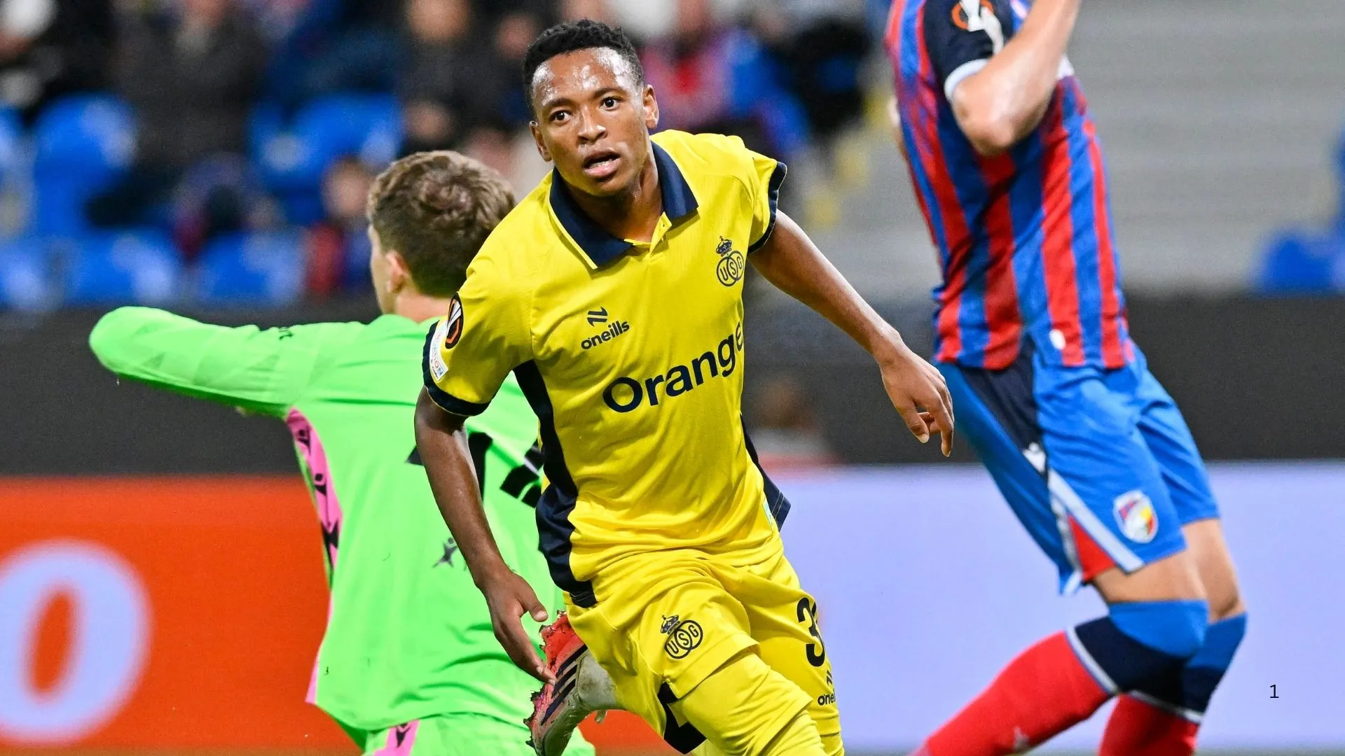 Relebohile Mofokeng after scoring for Royale Union Saint-Gilloise against Viktoria Plzen.