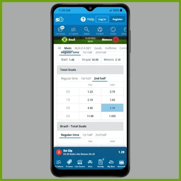 Screenshot of Total Goals market on Sportingbet sportsbook illustrating the under 2.5 goals in the 2nd half selected