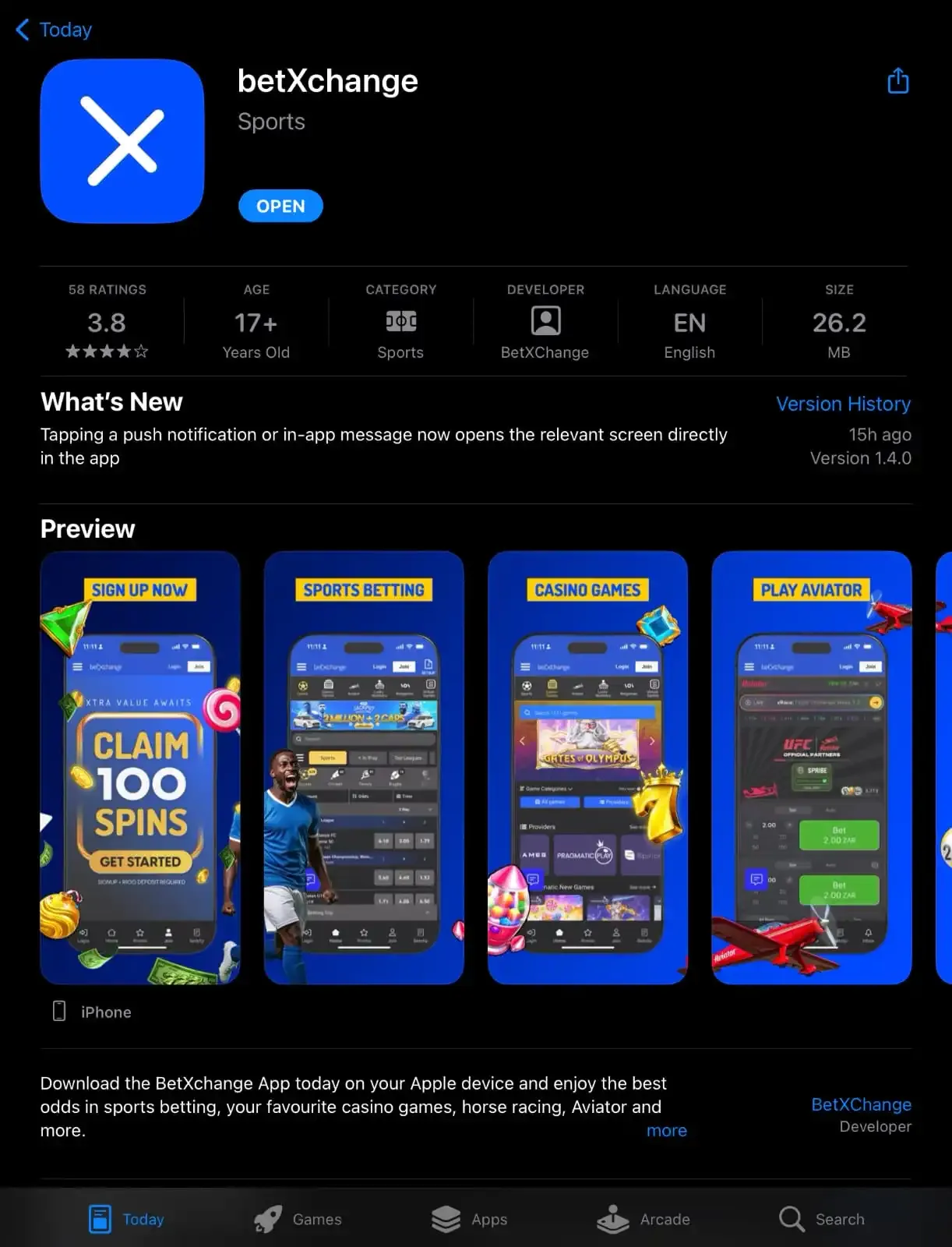 Apple App Store page for BetXchange displaying a blue Open button confirming successful app installation on iOS.