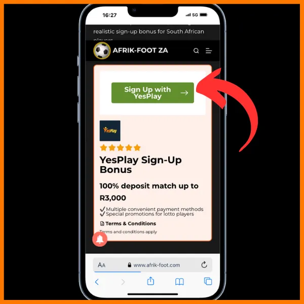Red arrow pointing to Sign Up with YesPlay button on the Afrik-Foot site.