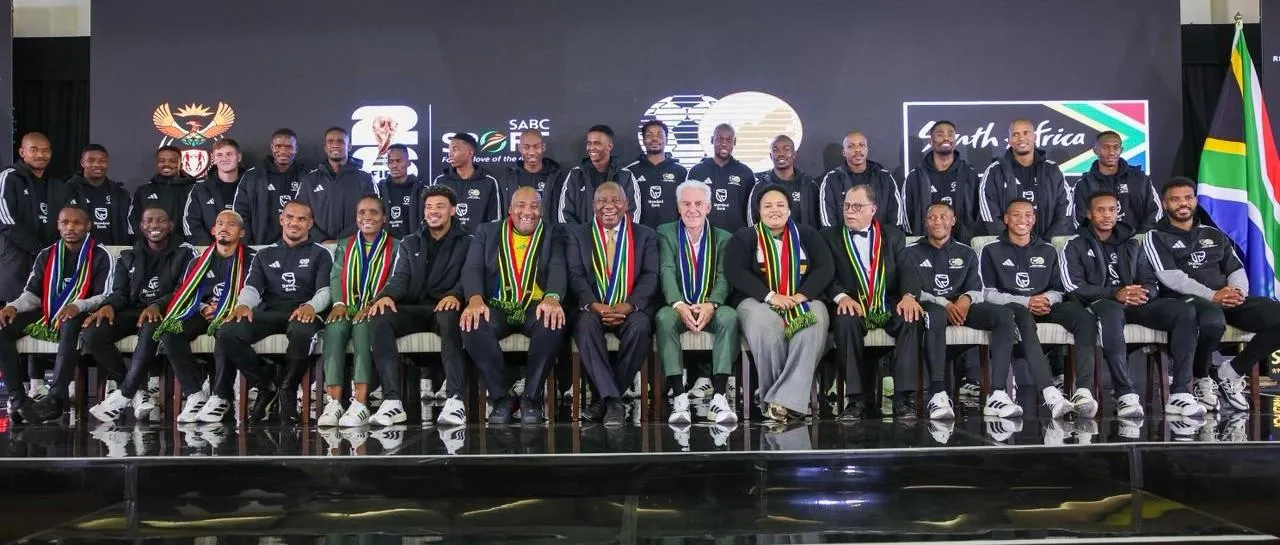 Bafana coach Hugo Broos with his final World Cup squad. 