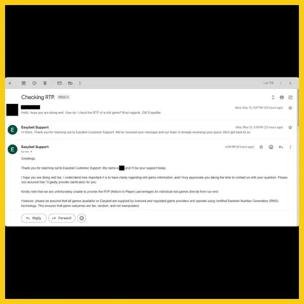 Email exchange with Easybet customer support.