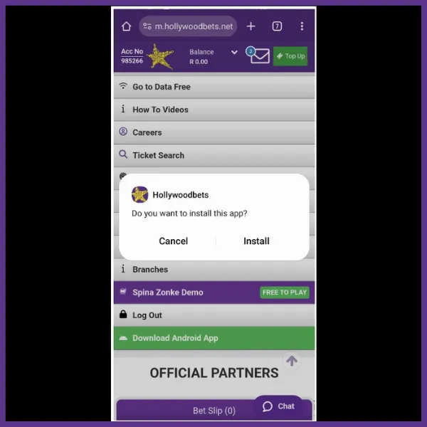 Hollywoodbets app download process step 5 After the download, you will be asked to continue with the installation. Click on &ldquo;Install&rdquo; to complete the process.&nbsp;
