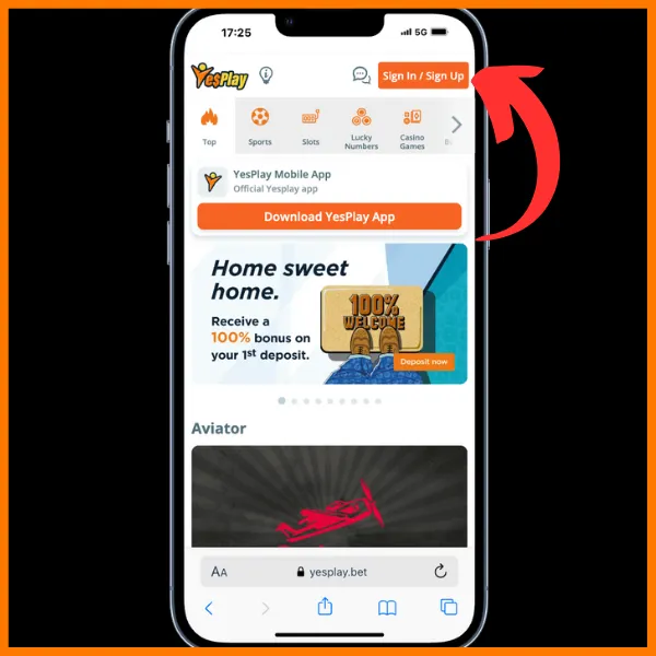 Red arrow pointing to sign in/ sign up button on the official YesPlay site