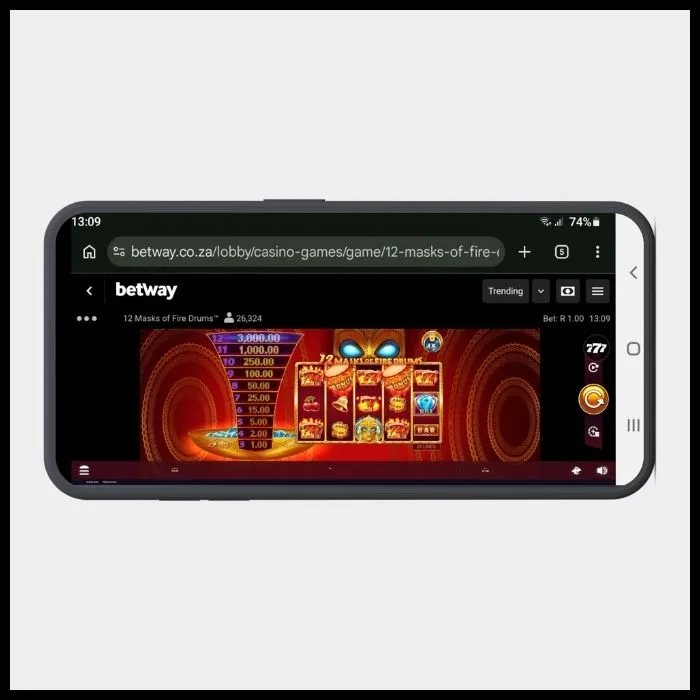12 Masks of Fire Drums displayed landscape on the Betway Mobile Site.