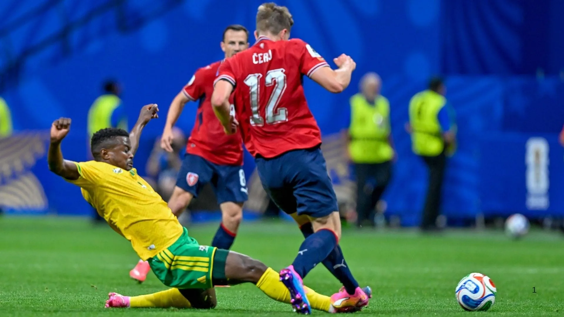 Teboho Mokoena makes a challenge that earned him a yellow card against Czechia.