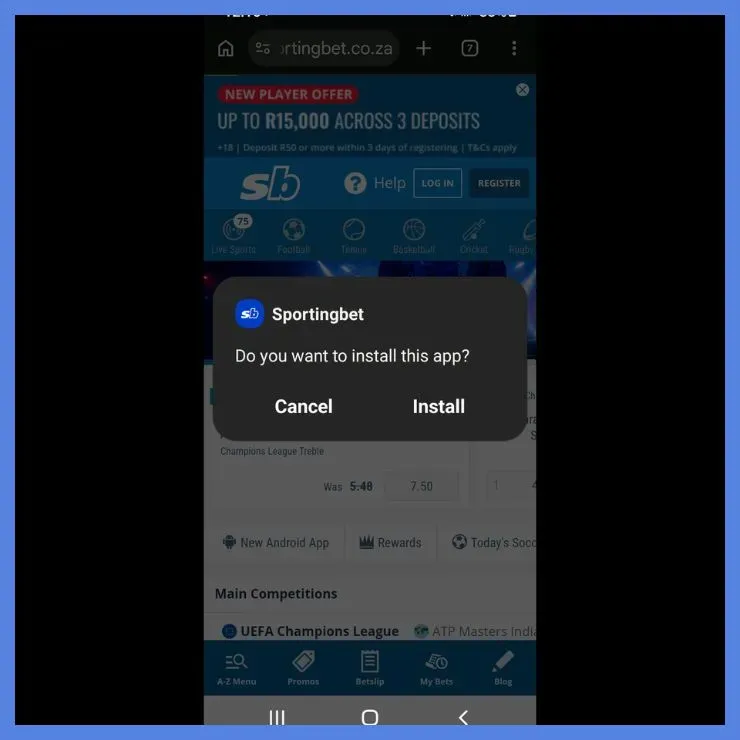 Android prompt asking to install the Sportingbet APK app.
