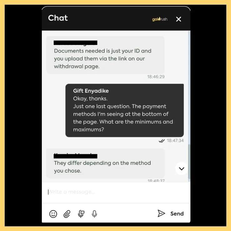 Live chat screenshot for Goldrush review with agent explaining FICA requirements.