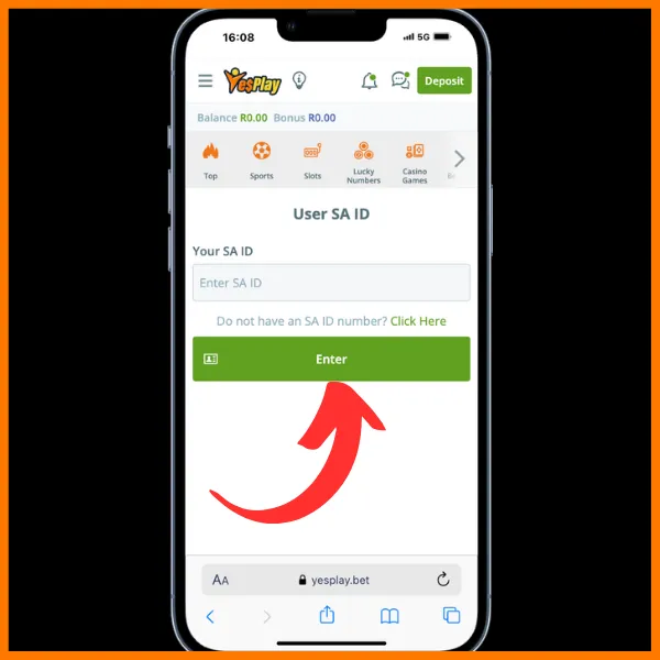 ID number field in Yesplay registration process. red arrow pointing to Enter button.