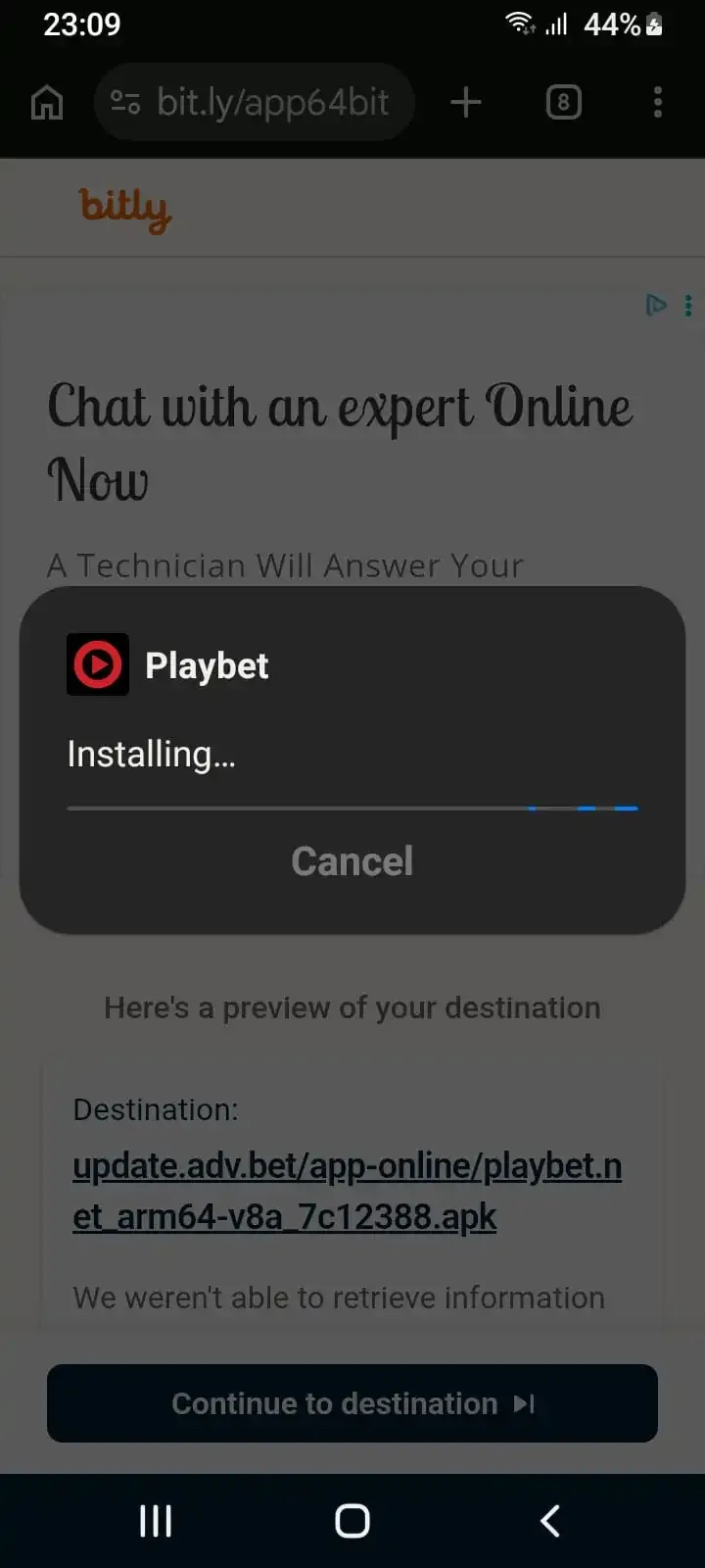 Android system screen showing Playbet app installation progress. 

