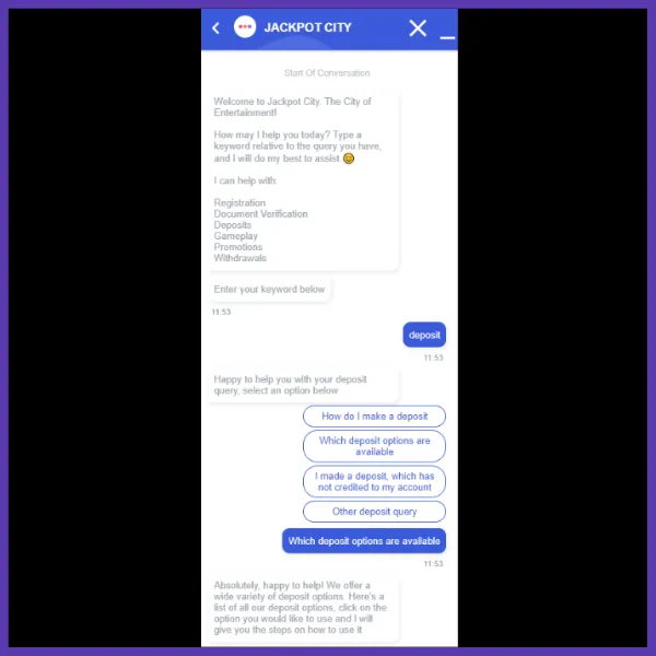 Screenshot of interaction with the Jackpot City South Africa website live chat. I asked about deposit methods, and the chatbot responded within a minute.