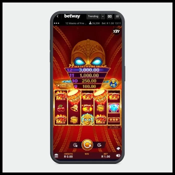 12 Masks of Fire Drums being played on Betway App.