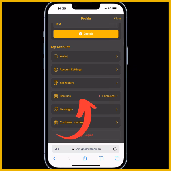Red arrow pointing to Bonuses section on the Goldrush site
