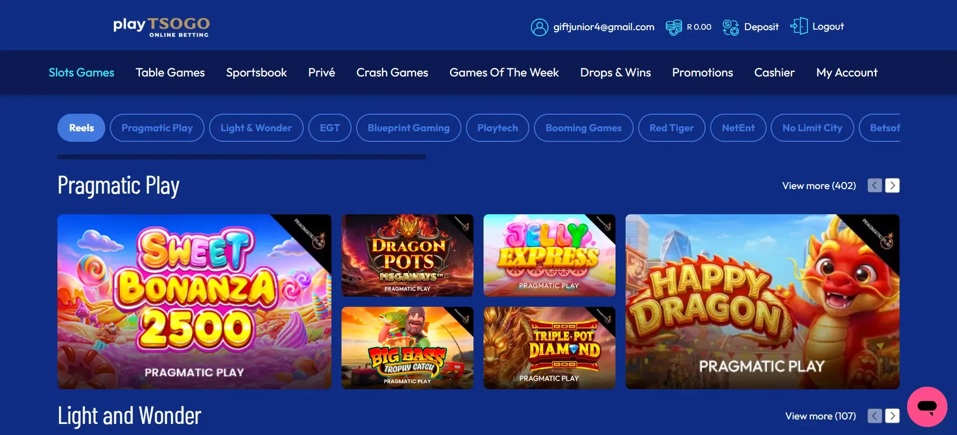 Screenshot of Reels tab of the Playtsogo Slot Games page. Sweet Bonanza 2500 by Pragmatic Play is the headline game.