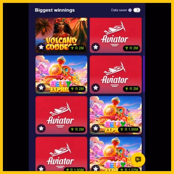Easybet's biggest winnings column showing top games (9-16): 

Volcano Goddess, Aviator (4x) and Jelly Express (3x)

Sugar Rush 1000, Gates of Olympus, Chest of Cai Shen, Hot Chilli, Aviator (3x) & Jelly Express.