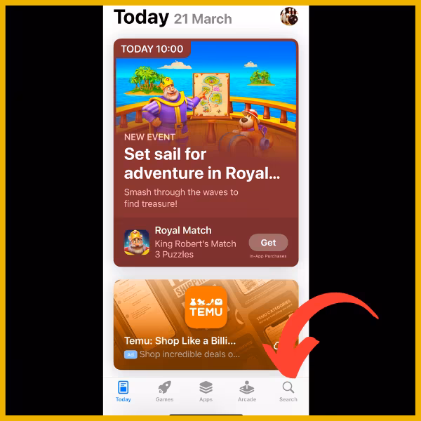 Red arrow pointing to search button on the Apple App Store