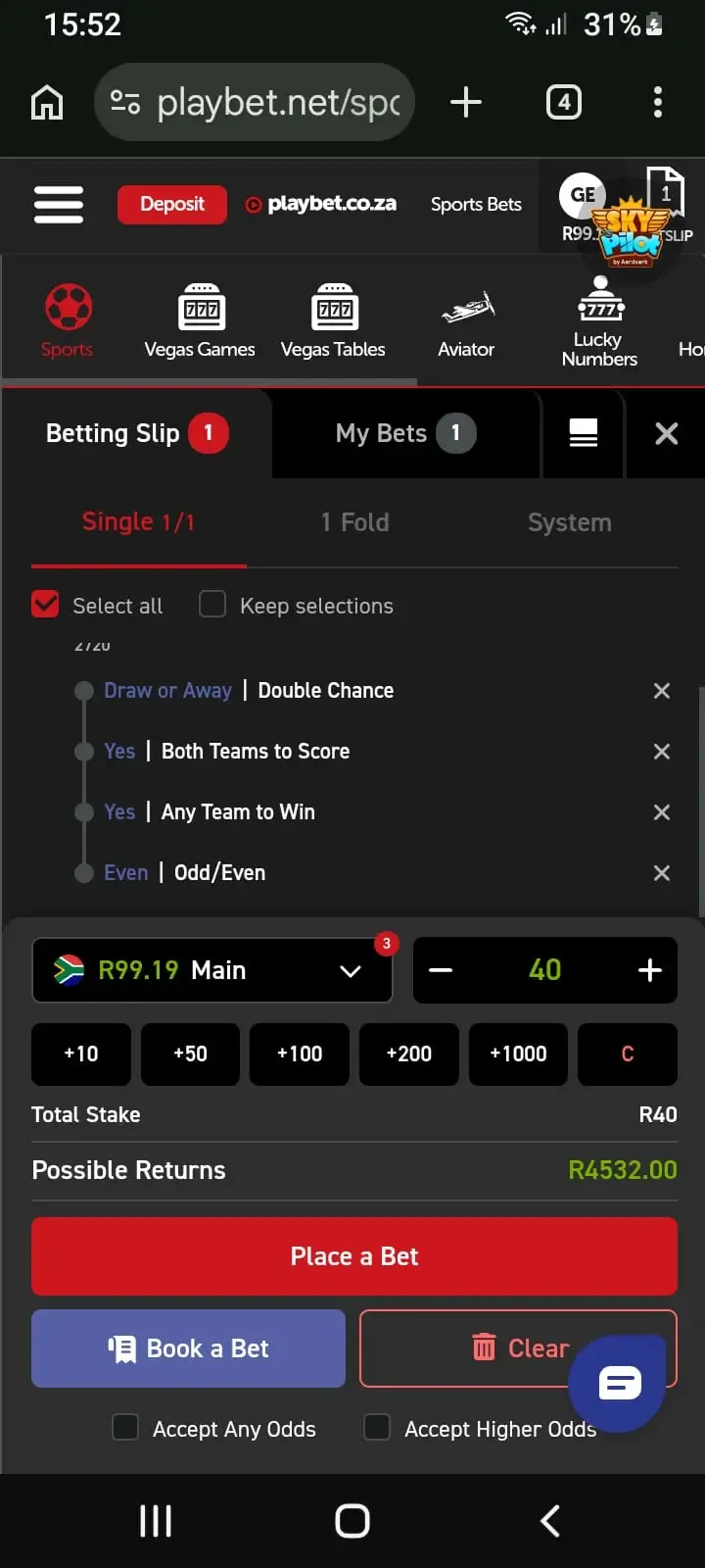 Finalised Playbet Bet Builder betslip with no conflicting selections and a R40 stake.
