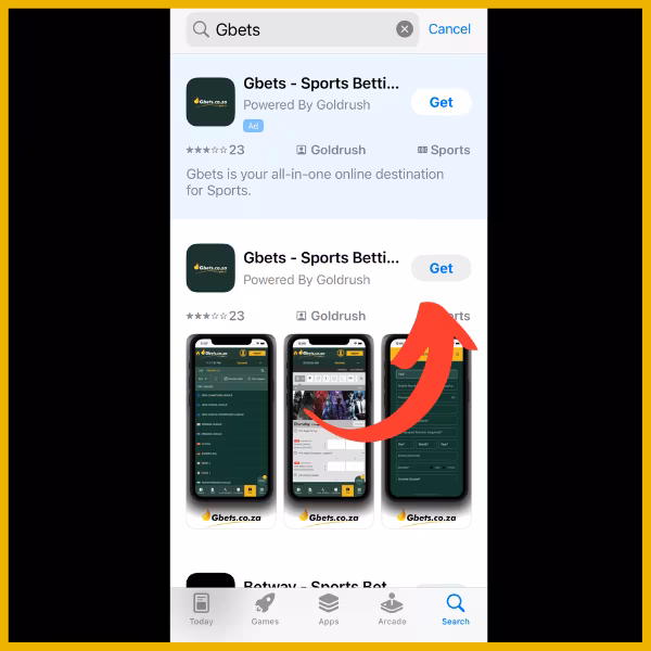 Red Arrow pointing to the Get button on the app store to download the Gbets app