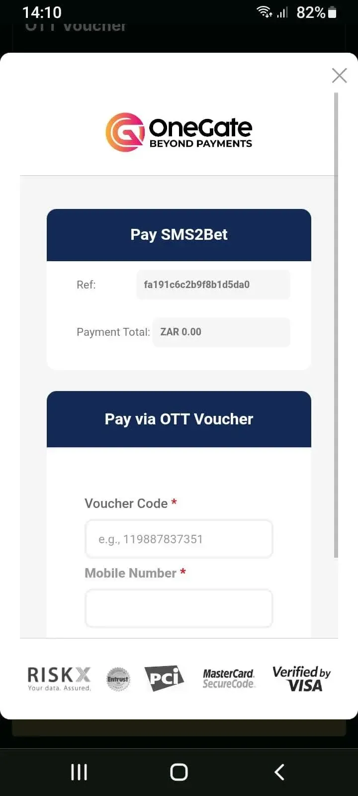 Mzansibet Paygate pop-up appearing inside the app.