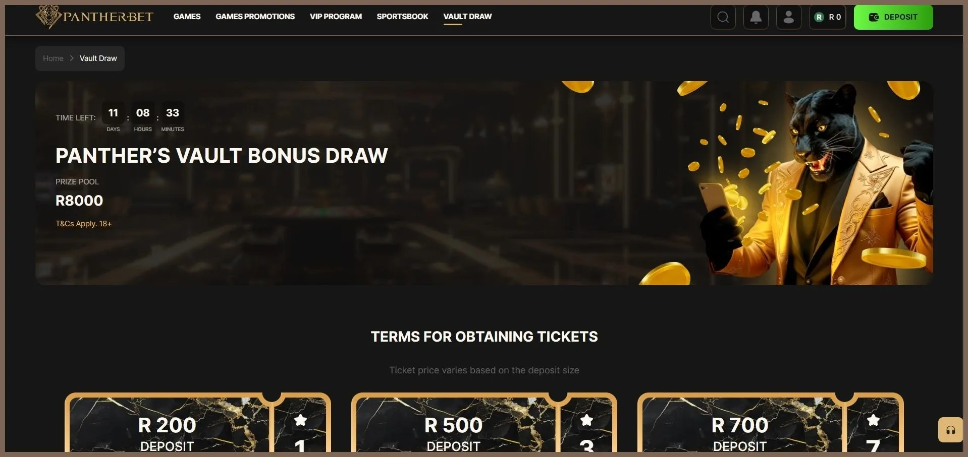 Pantherbet Vault Draw page offering up to R8,000 in prize pool tickets based on your deposit. R200 for 1 ticket, R500 for 3 tickets, R700 for 7 tickets.