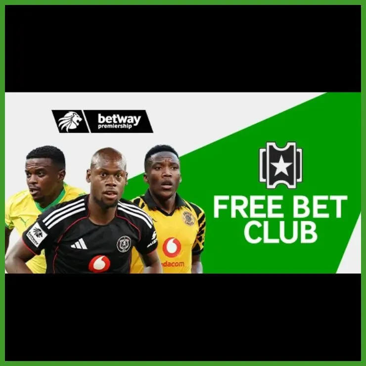 Betway Free Bet Club promotional banner showing players from Orlando Pirates (centre), Mamelodi Sundowns (left) and Kaizer Chiefs (right) 