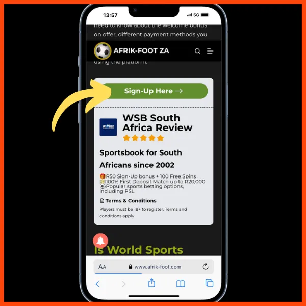 yellow arrow pointing to the green sign-up here button on the afrik-foot site. 